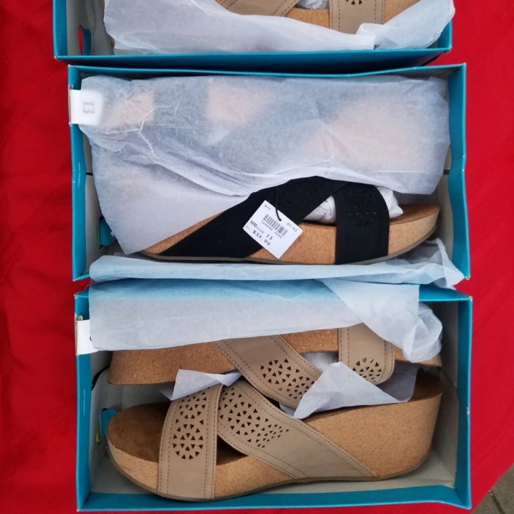 SOLD 2 pairs! Tan & black platform sandals